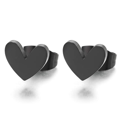 Pair Small Black Flat Heart Stud Earrings Stainless Steel for Womens - COOLSTEELANDBEYOND Jewelry