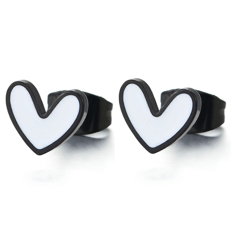 Pair Small Black Flat Heart Stud Earrings with White Enamel, Stainless Steel Womens - COOLSTEELANDBEYOND Jewelry