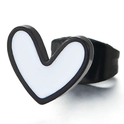 Pair Small Black Flat Heart Stud Earrings with White Enamel, Stainless Steel Womens - COOLSTEELANDBEYOND Jewelry