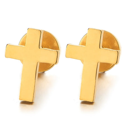 Pair Small Flat Gold Color Cross Stud Earrings for Men Women Stainless Steel, Screw Back - coolsteelandbeyond