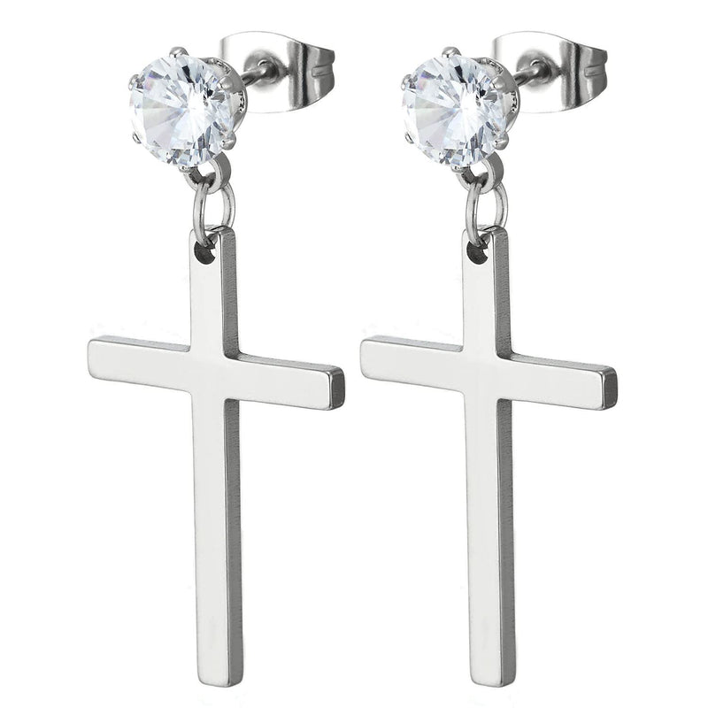 Pair Stainless Steel 6mm Solitaire Cubic Zirconia Stud Earrings with Dangling Cross, Mens Womens - COOLSTEELANDBEYOND Jewelry