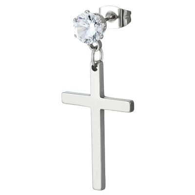 Pair Stainless Steel 6mm Solitaire Cubic Zirconia Stud Earrings with Dangling Cross, Mens Womens - COOLSTEELANDBEYOND Jewelry