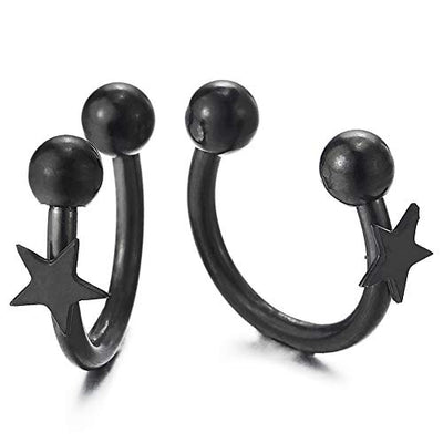 Pair Stainless Steel Black Bead Huggie Hinged Earrings with Star Pentagram, Unisex Man Women - coolsteelandbeyond