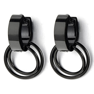 Pair Stainless Steel Black Huggie Hinged Hoop Earrings with Circles Men Women - coolsteelandbeyond