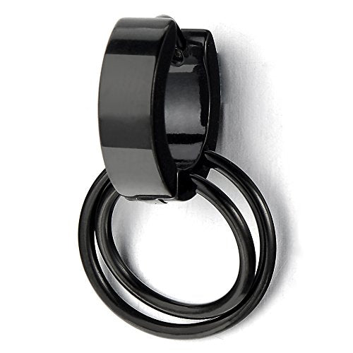 Pair Stainless Steel Black Huggie Hinged Hoop Earrings with Circles Men Women - coolsteelandbeyond