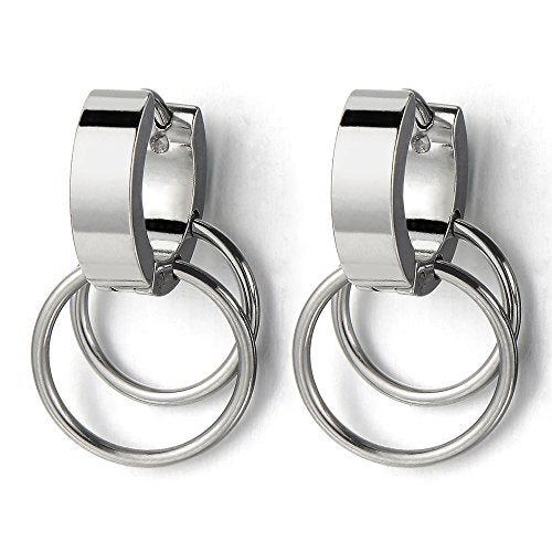 Pair Stainless Steel Black Huggie Hinged Hoop Earrings with Circles Men Women - coolsteelandbeyond