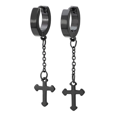 Pair Stainless Steel Black Huggie Hinged Hoop Earrings with Dangling Cross Unisex Men Women - coolsteelandbeyond