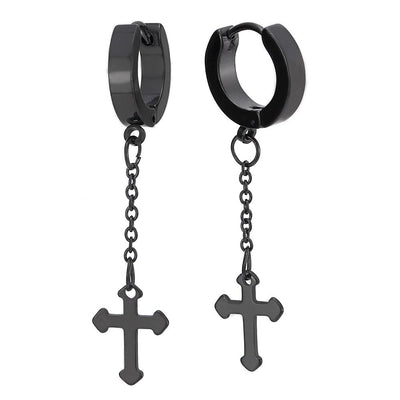 Pair Stainless Steel Black Huggie Hinged Hoop Earrings with Dangling Cross Unisex Men Women - coolsteelandbeyond
