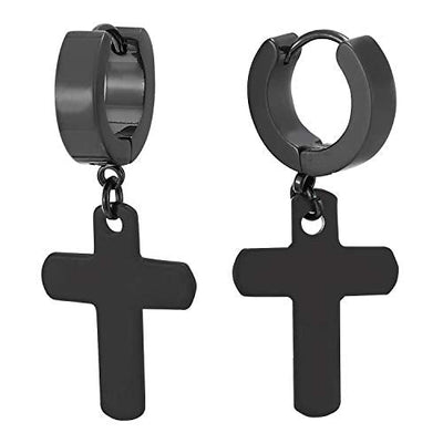 Pair Stainless Steel Black Huggie Hinged Hoop Earrings with Dangling Flat Cross, for Men Women - coolsteelandbeyond