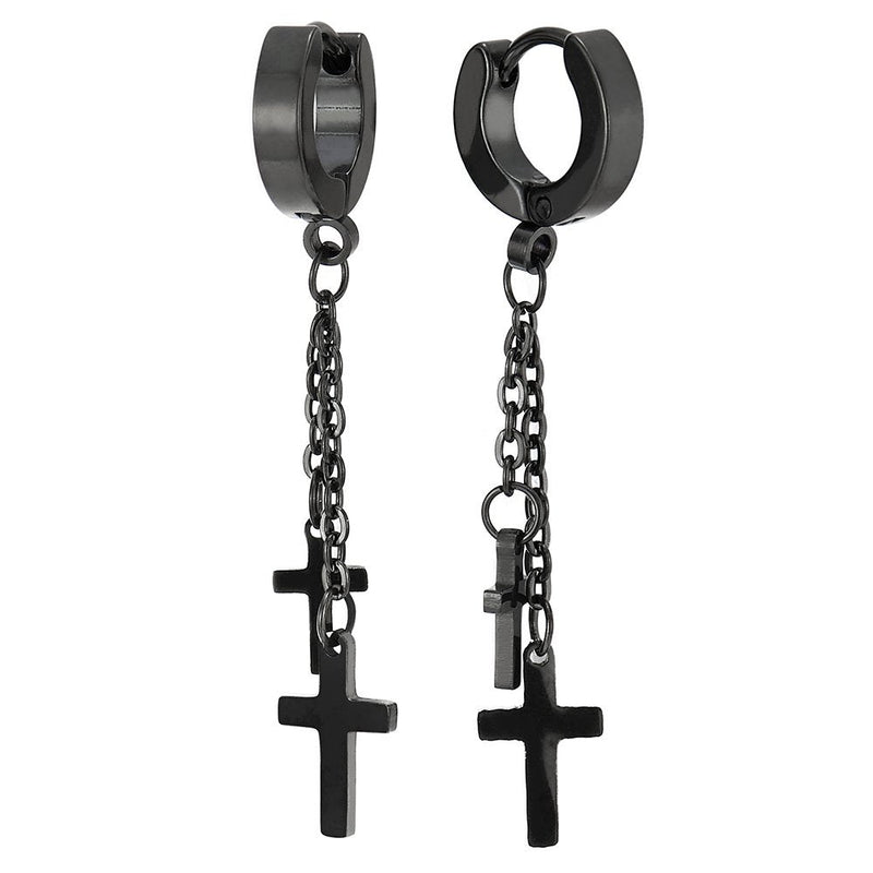 Pair Stainless Steel Black Huggie Hinged Hoop Earrings with Two Long Dangle Crosses for Men Women - COOLSTEELANDBEYOND Jewelry