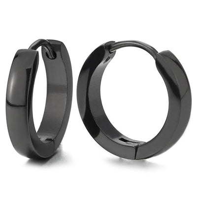 Pair Stainless Steel Black Plain Flat Circle Huggie Hinged Hoop Earrings for Men Women - coolsteelandbeyond