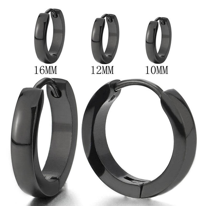 Pair Stainless Steel Black Plain Flat Circle Huggie Hinged Hoop Earrings for Men Women - coolsteelandbeyond