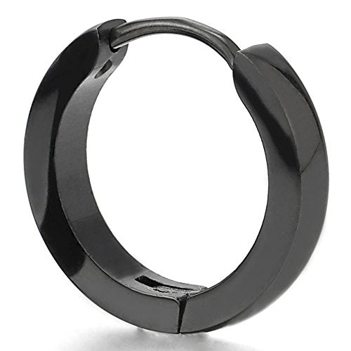 Pair Stainless Steel Black Plain Flat Circle Huggie Hinged Hoop Earrings for Men Women - coolsteelandbeyond