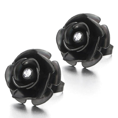 Pair Stainless Steel Black Rose Flower Stud Earrings with Cubic Zirconia for Women and - COOLSTEELANDBEYOND Jewelry
