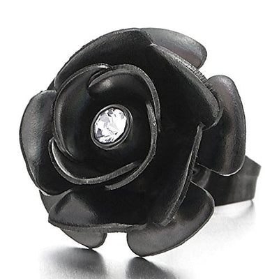 Pair Stainless Steel Black Rose Flower Stud Earrings with Cubic Zirconia for Women and - COOLSTEELANDBEYOND Jewelry