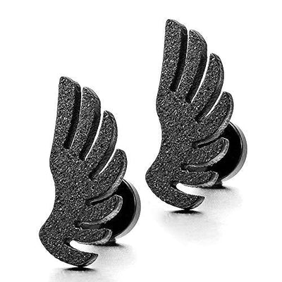 Pair Stainless Steel Black Satin Angle Wing Stud Earrings for Women Men, Screw Back - coolsteelandbeyond