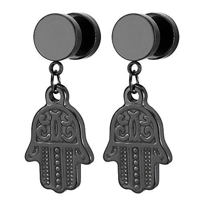 Pair Stainless Steel Black Screw Stud Earrings with Dangling Hamsa Hand of Fatima for Men Women - COOLSTEELANDBEYOND Jewelry