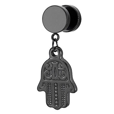 Pair Stainless Steel Black Screw Stud Earrings with Dangling Hamsa Hand of Fatima for Men Women - COOLSTEELANDBEYOND Jewelry