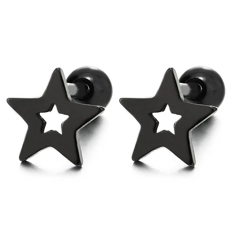 Pair Stainless Steel Black Star Pentagram Stud Earrings for Men Women, Screw Back - COOLSTEELANDBEYOND Jewelry