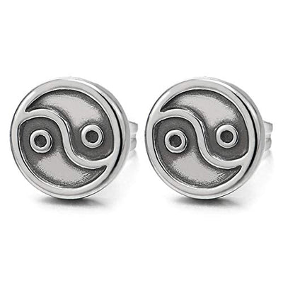 Pair Stainless Steel Circle Vintage Yin-Yang Stud Earrings for Men Women - coolsteelandbeyond