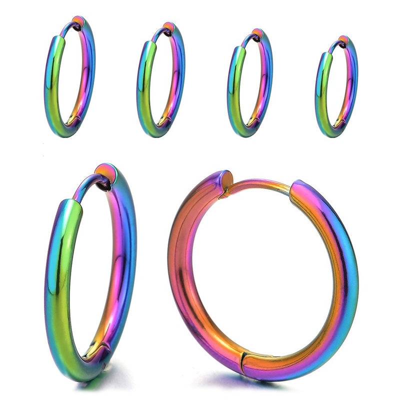 Pair Stainless Steel Colorful Plain Circle Huggie Hinged Hoop Earrings for Men Women - coolsteelandbeyond