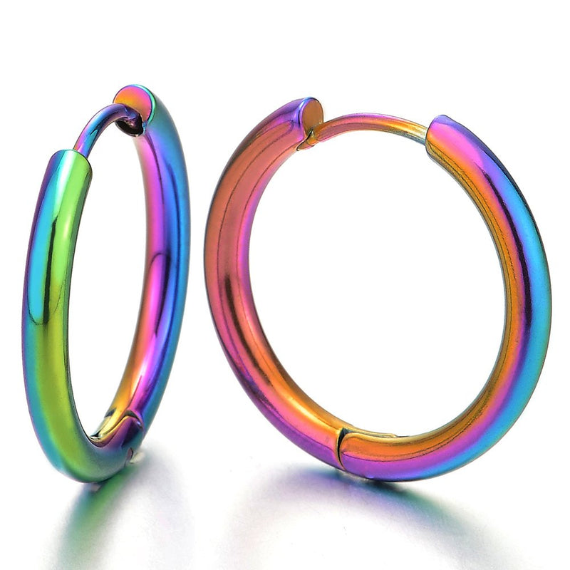 Pair Stainless Steel Colorful Plain Circle Huggie Hinged Hoop Earrings for Men Women - coolsteelandbeyond