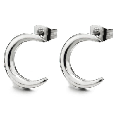 Pair Stainless Steel Crescent Moon Hook Plain Stud Earrings for Mens Womens - COOLSTEELANDBEYOND Jewelry