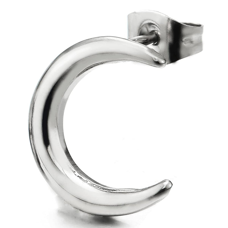 Pair Stainless Steel Crescent Moon Hook Plain Stud Earrings for Mens Womens - COOLSTEELANDBEYOND Jewelry