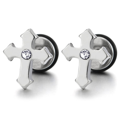 Pair Stainless Steel Cross Stud Earrings with Cubic Zirconia for Man and Women, Screw Back - COOLSTEELANDBEYOND Jewelry