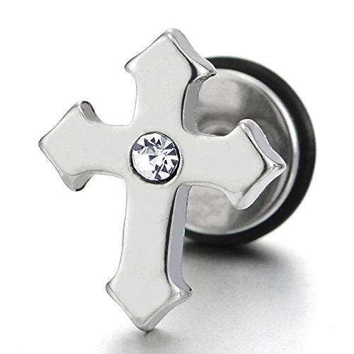 Pair Stainless Steel Cross Stud Earrings with Cubic Zirconia for Man and Women, Screw Back - COOLSTEELANDBEYOND Jewelry