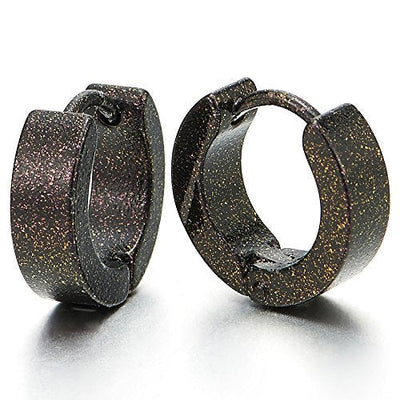 Pair Stainless Steel Dark Brown Glitter Huggie Hinged Hoop Earrings for Men Women - coolsteelandbeyond