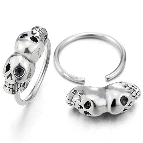 Pair Stainless Steel Double Skulls Huggie Hinged Hoop Earrings for Men Women - coolsteelandbeyond