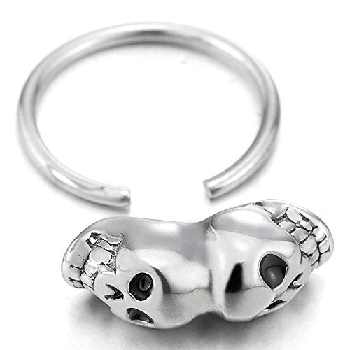 Pair Stainless Steel Double Skulls Huggie Hinged Hoop Earrings for Men Women - coolsteelandbeyond