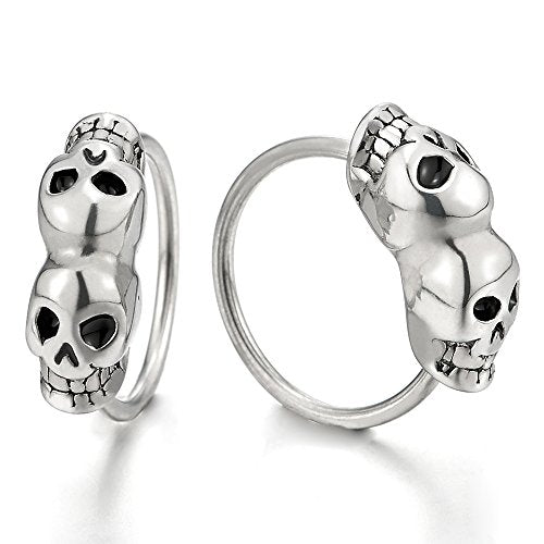 Pair Stainless Steel Double Skulls Huggie Hinged Hoop Earrings for Men Women - coolsteelandbeyond