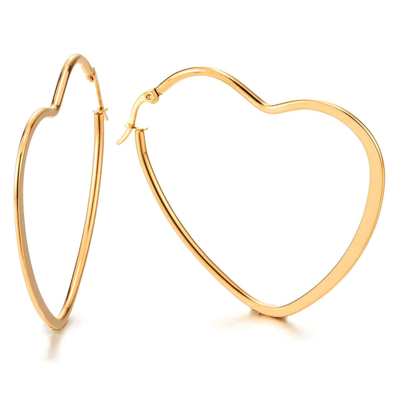 Pair Stainless Steel Gold Color Flat Heart Huggie Hinged Hoop Earrings for Women - COOLSTEELANDBEYOND Jewelry