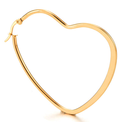 Pair Stainless Steel Gold Color Flat Heart Huggie Hinged Hoop Earrings for Women - COOLSTEELANDBEYOND Jewelry