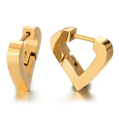 Pair Stainless Steel Gold Color Heart Shape Huggie Hinged Hoop Earrings for Womens Girls - COOLSTEELANDBEYOND Jewelry