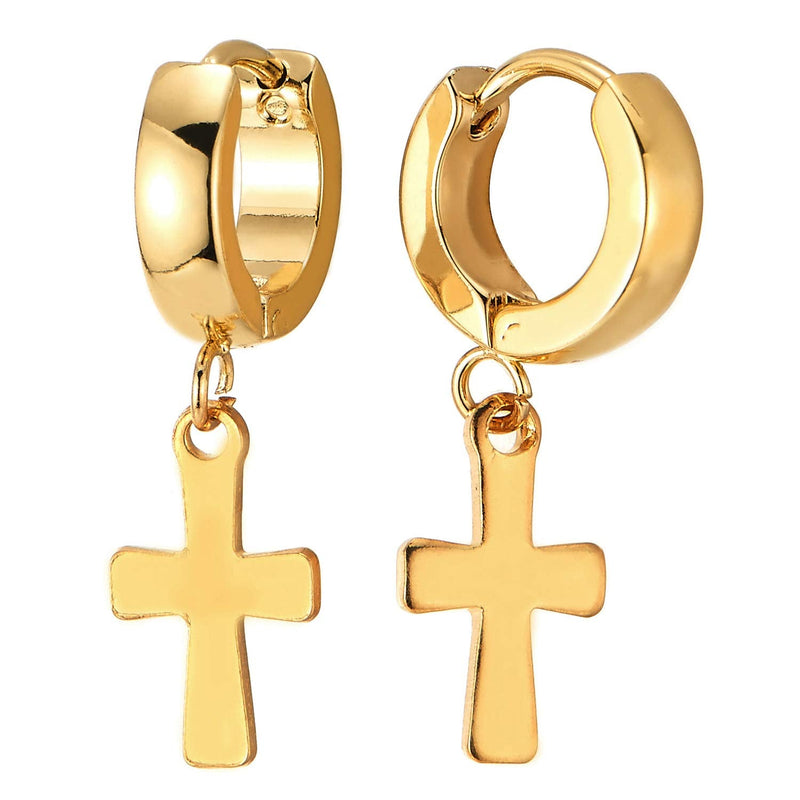Pair Stainless Steel Gold Color Huggie Hinged Hoop Earrings with Dangling Flat Cross, Men Women - coolsteelandbeyond