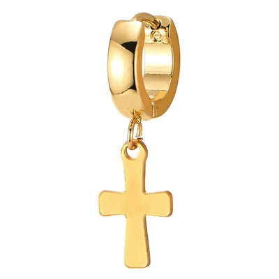 Pair Stainless Steel Gold Color Huggie Hinged Hoop Earrings with Dangling Flat Cross, Men Women - coolsteelandbeyond