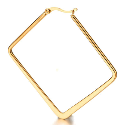 Pair Stainless Steel Gold Color Large Plain Square Huggie Hinged Hoop Earrings for Women - COOLSTEELANDBEYOND Jewelry