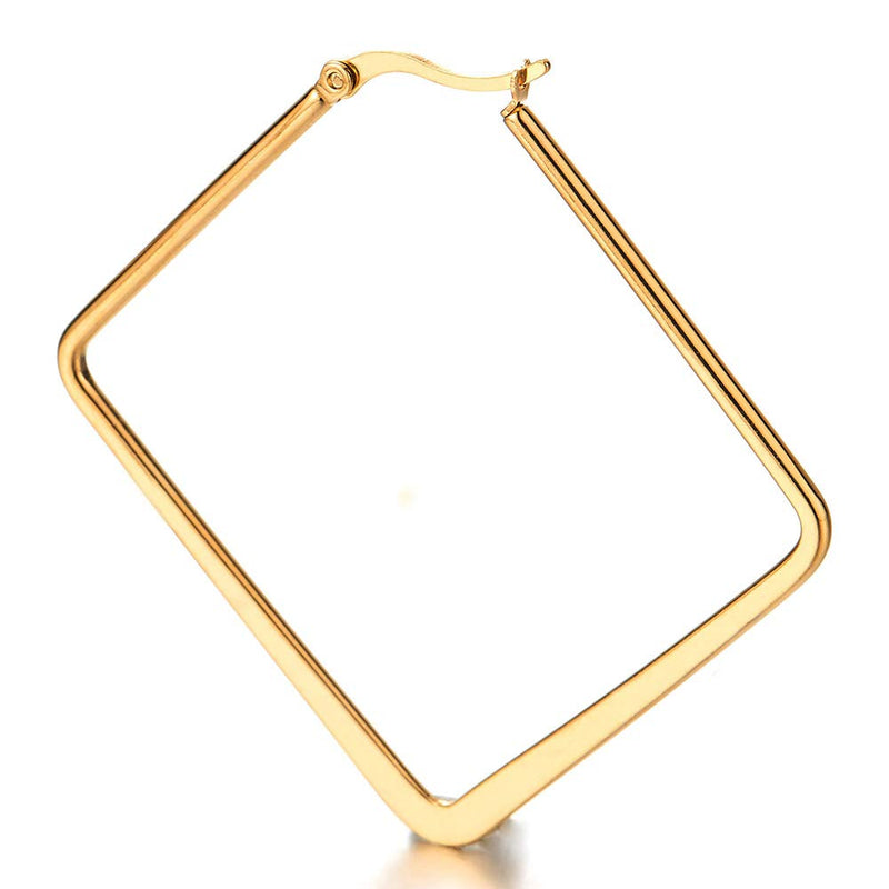 Pair Stainless Steel Gold Color Large Plain Square Huggie Hinged Hoop Earrings for Women - COOLSTEELANDBEYOND Jewelry