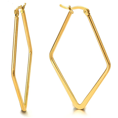 Pair Stainless Steel Gold Color Large Rhombus Huggie Hinged Hoop Earrings for Women - COOLSTEELANDBEYOND Jewelry