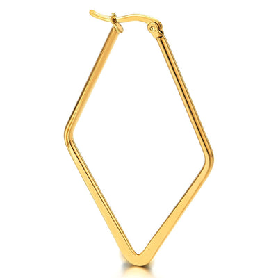 Pair Stainless Steel Gold Color Large Rhombus Huggie Hinged Hoop Earrings for Women - COOLSTEELANDBEYOND Jewelry