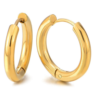 Pair Stainless Steel Gold Color Plain Circle Huggie Hinged Hoop Earrings for Men Women - coolsteelandbeyond