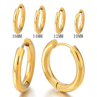 Pair Stainless Steel Gold Color Plain Circle Huggie Hinged Hoop Earrings for Men Women - coolsteelandbeyond