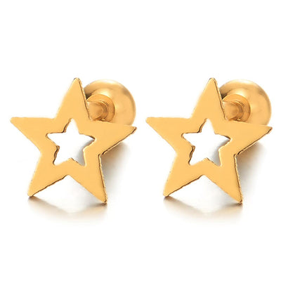 Pair Stainless Steel Gold Color Star Pentagram Stud Earrings for Men Women, Screw Back - COOLSTEELANDBEYOND Jewelry