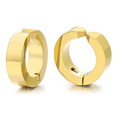 Pair Stainless Steel Gold Huggie Hinged Hoop Earrings Non-Piercing Clip On Earrings Men Women Unisex - coolsteelandbeyond