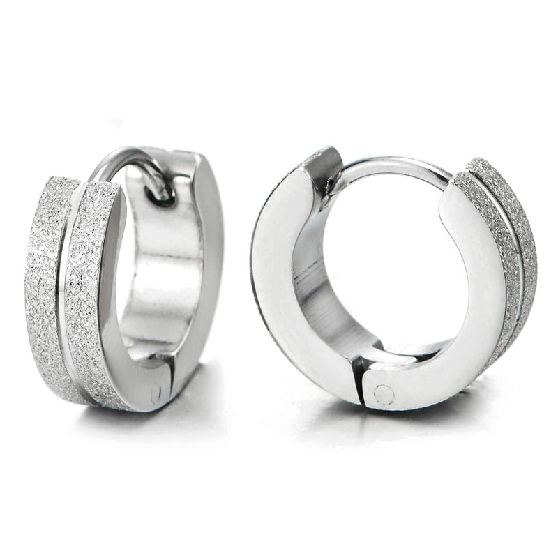 Pair Stainless Steel Grooved Huggie Hinged Hoop Earrings for Unisex Men Women, Satin Finishing - COOLSTEELANDBEYOND Jewelry