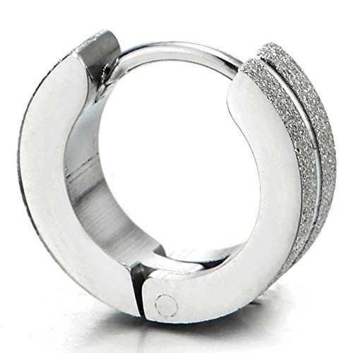 Pair Stainless Steel Grooved Huggie Hinged Hoop Earrings for Unisex Men Women, Satin Finishing - COOLSTEELANDBEYOND Jewelry