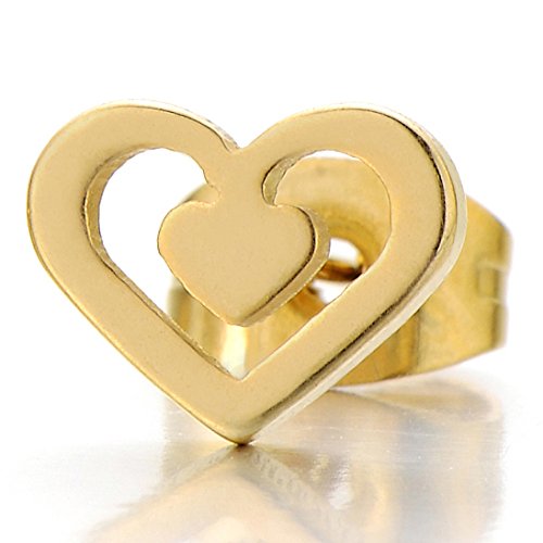 Pair Stainless Steel Heart Stud Earrings for Women for Girls Gold Color - COOLSTEELANDBEYOND Jewelry